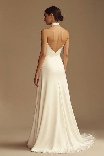 White Halter Satin A Line Backless Formal Dress